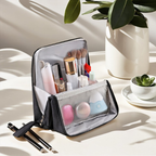 Travel Makeup Bag Structured Waterproof Cosmetic Organiser with Brush Cover and Padded Compartments for Vanity | Suitcase and Weekend Trips
