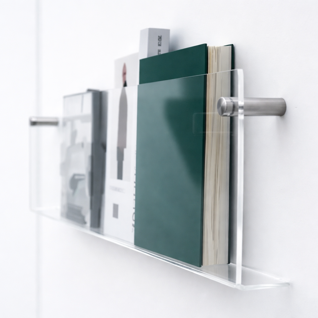Acrylic Floating Wall Shelf Magazine Display Rack Storage Organiser with Screw or Adhesive Mounting | for Living Room | Bedroom and Office
