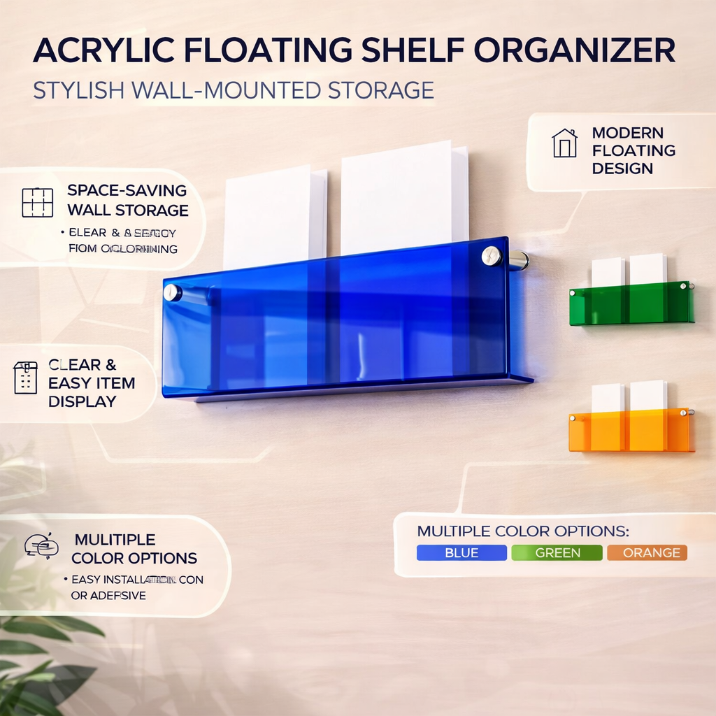 Acrylic Floating Wall Shelf Magazine Display Rack Storage Organiser with Screw or Adhesive Mounting | for Living Room | Bedroom and Office