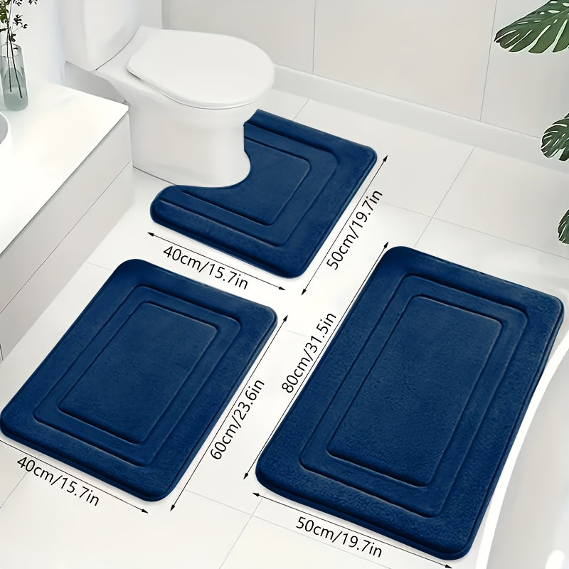 Bath Mat Set Non-Slip Memory Foam Three-Piece Absorbent Microfibre Bathroom Rugs with Toilet Mat Machine Washable