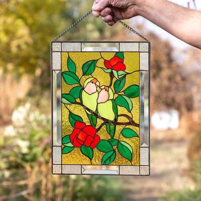 Stained Glass Style Window Hanging Acrylic Suncatcher Bird and Flower Wall Art UV Resistant with Chain for Window | Garden and Balcony