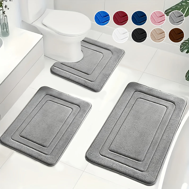 Bath Mat Set Non-Slip Memory Foam Three-Piece Absorbent Microfibre Bathroom Rugs with Toilet Mat Machine Washable