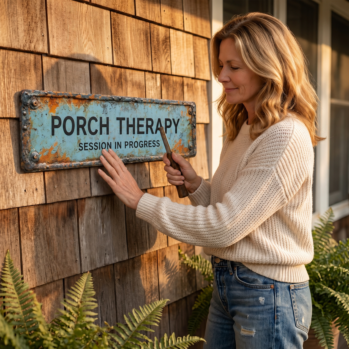 Porch Therapy Sign Vintage Farmhouse Distressed Metal Tinplate Wall Plaque with Pre-Drilled Holes for Porch | Entryway and Garden