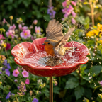 Metal Poppy Flower Bird Bath Garden Stake Hand-Formed Coated Pollinator Water Bowl for Flower Beds | Borders and Lawn