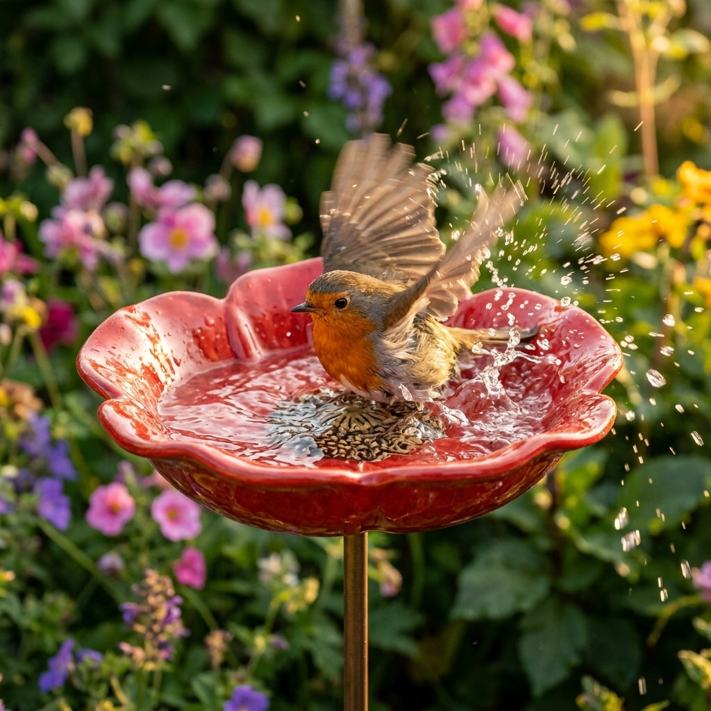 Metal Poppy Flower Bird Bath Garden Stake Hand-Formed Coated Pollinator Water Bowl for Flower Beds | Borders and Lawn