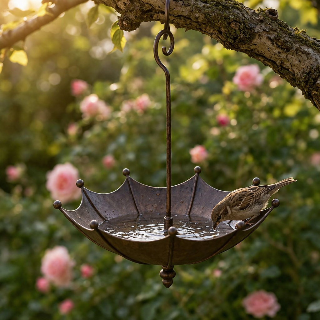 Hanging Umbrella Bird Feeder and Bath Antique Bronze Coated Iron Vintage Garden Ornament with Hook for Trees | Patio and Balcony