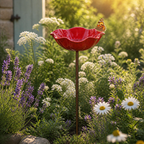 Poppy Flower Bird Bath Garden Stake Hand Formed Metal Weather Resistant Pollinator Water Dish for Flower Beds | Borders and Lawn