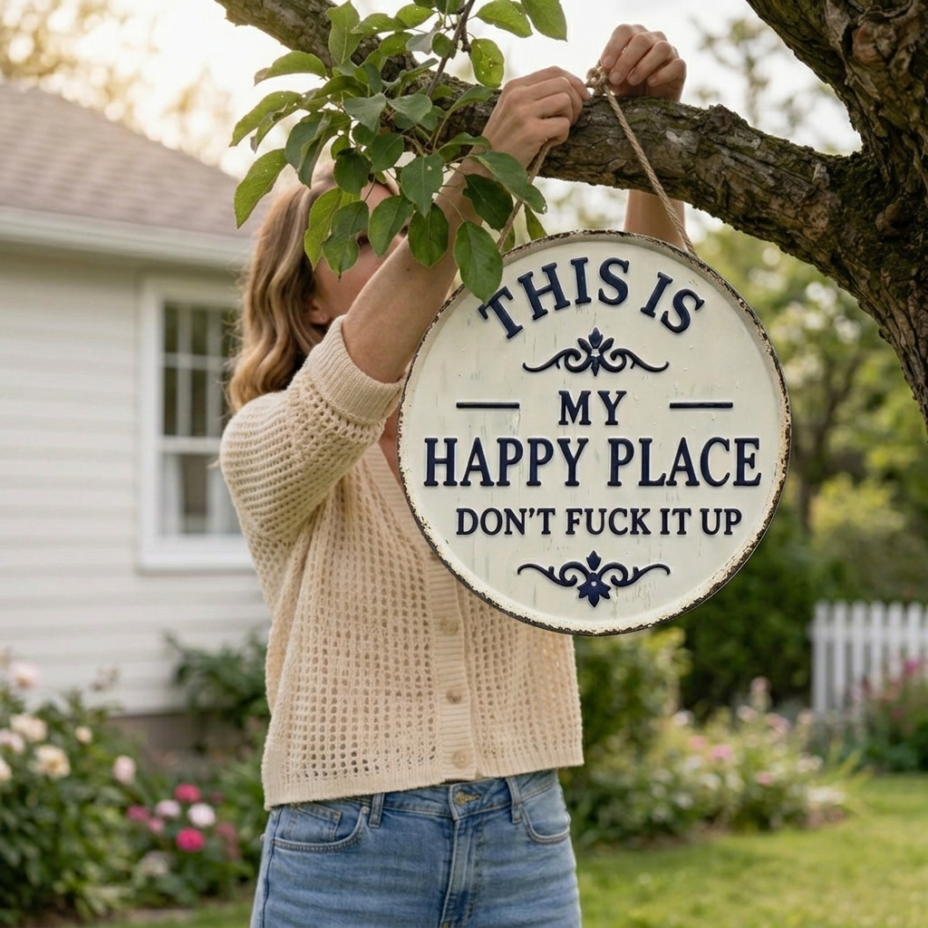 Happy Place Round Metal Sign Vintage Distressed Raised Lettering Weatherproof Hanging Plaque with Twine Cord for Garden | Porch and Shed
