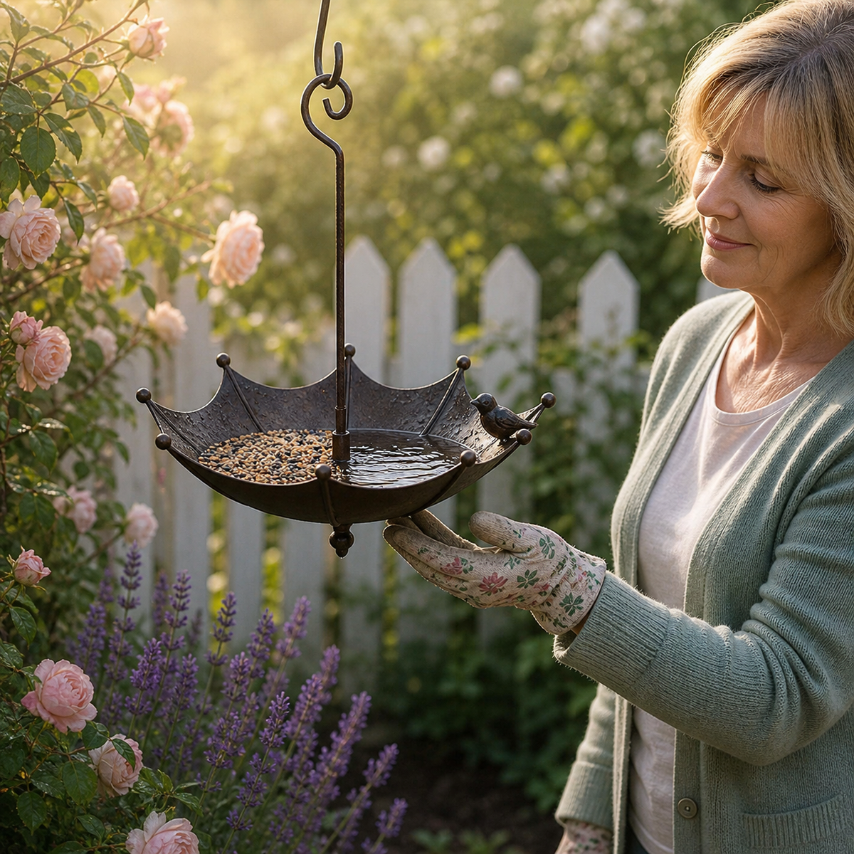 Hanging Umbrella Bird Feeder and Bath Antique Bronze Coated Iron Vintage Garden Ornament with Hook for Trees | Patio and Balcony