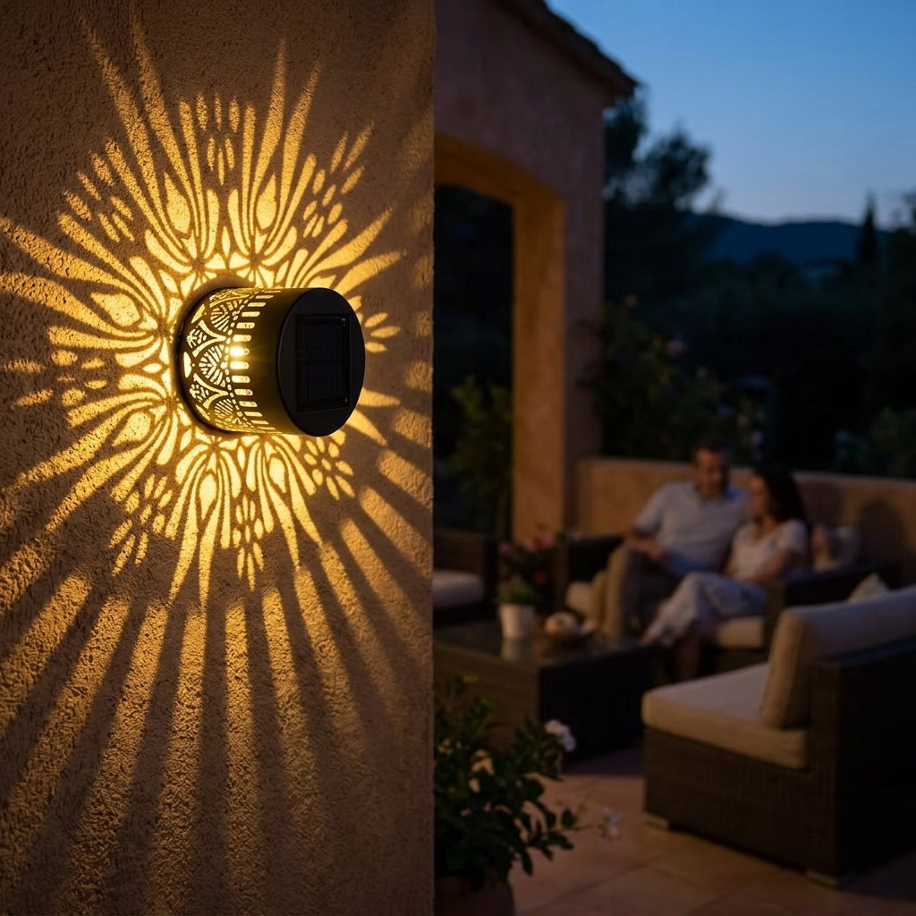 Solar Mandala Projector Light Iron Outdoor Shadow Lamp Warm LED Dusk-to-Dawn Weatherproof for Patio Wall | Fence and Garden Table