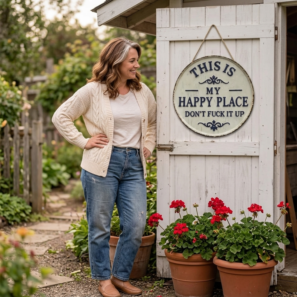 Happy Place Round Metal Sign Vintage Distressed Raised Lettering Weatherproof Hanging Plaque with Twine Cord for Garden | Porch and Shed