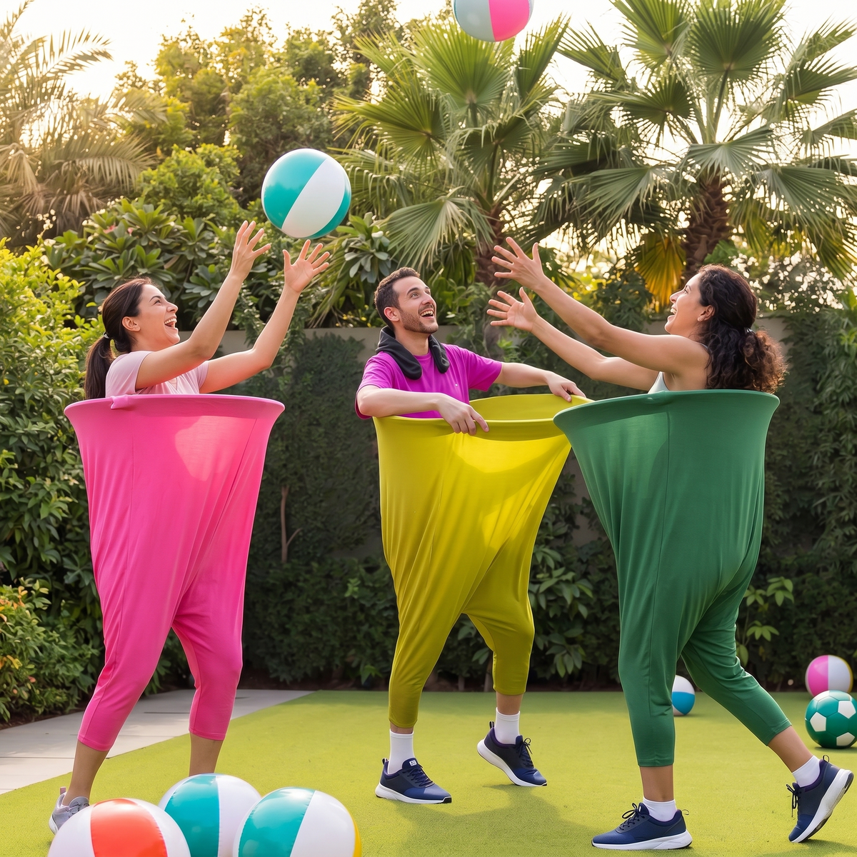 Giant Granny Pants Party Game Wearable Ball Catcher with Inflatable Beach Balls and Hand Pump for Family Gatherings | Birthdays and Garden Parties