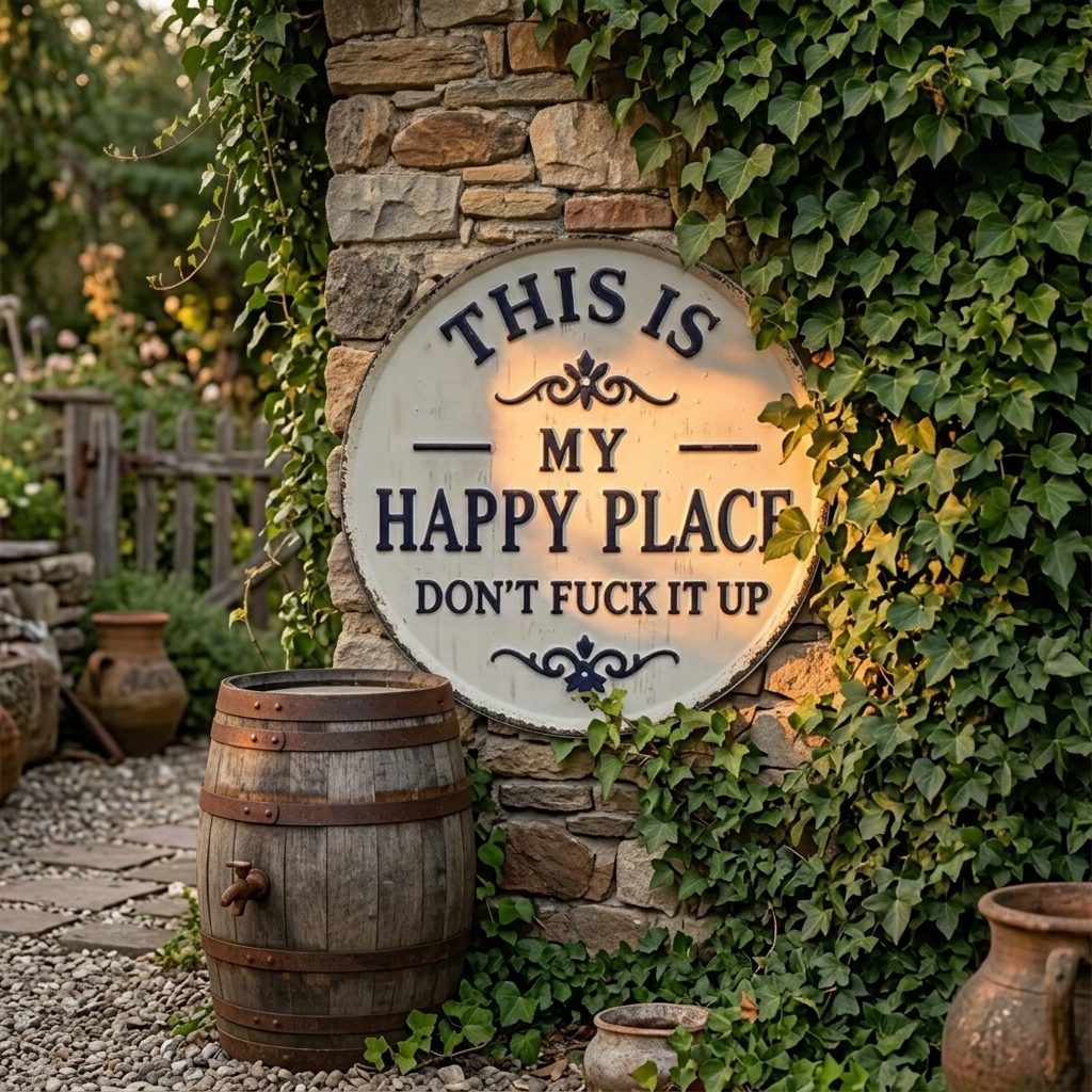 Happy Place Round Metal Sign Vintage Distressed Raised Lettering Weatherproof Hanging Plaque with Twine Cord for Garden | Porch and Shed