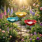 Metal Poppy Flower Bird Bath Garden Stake Hand-Formed Coated Pollinator Water Bowl for Flower Beds | Borders and Lawn
