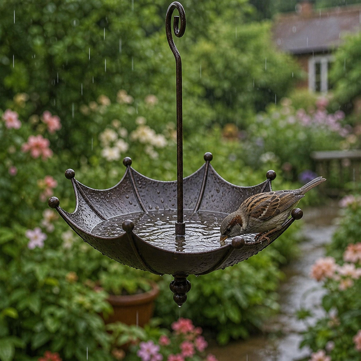 Hanging Umbrella Bird Feeder and Bath Antique Bronze Coated Iron Vintage Garden Ornament with Hook for Trees | Patio and Balcony