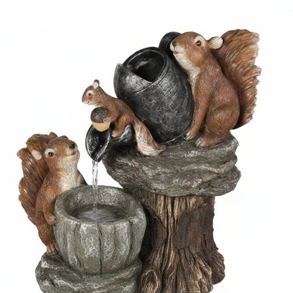 Solar Garden Fountain Birdbath Outdoor Water Feature with LED Light | Duck and Squirrel Ornament for Patio | Balcony and Garden