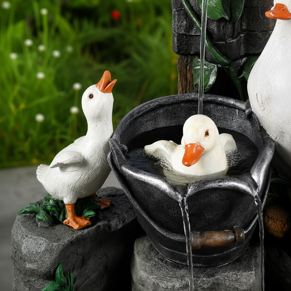 Solar Garden Fountain Birdbath Outdoor Water Feature with LED Light | Duck and Squirrel Ornament for Patio | Balcony and Garden