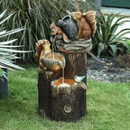 Solar Garden Fountain Birdbath Outdoor Water Feature with LED Light | Duck and Squirrel Ornament for Patio | Balcony and Garden