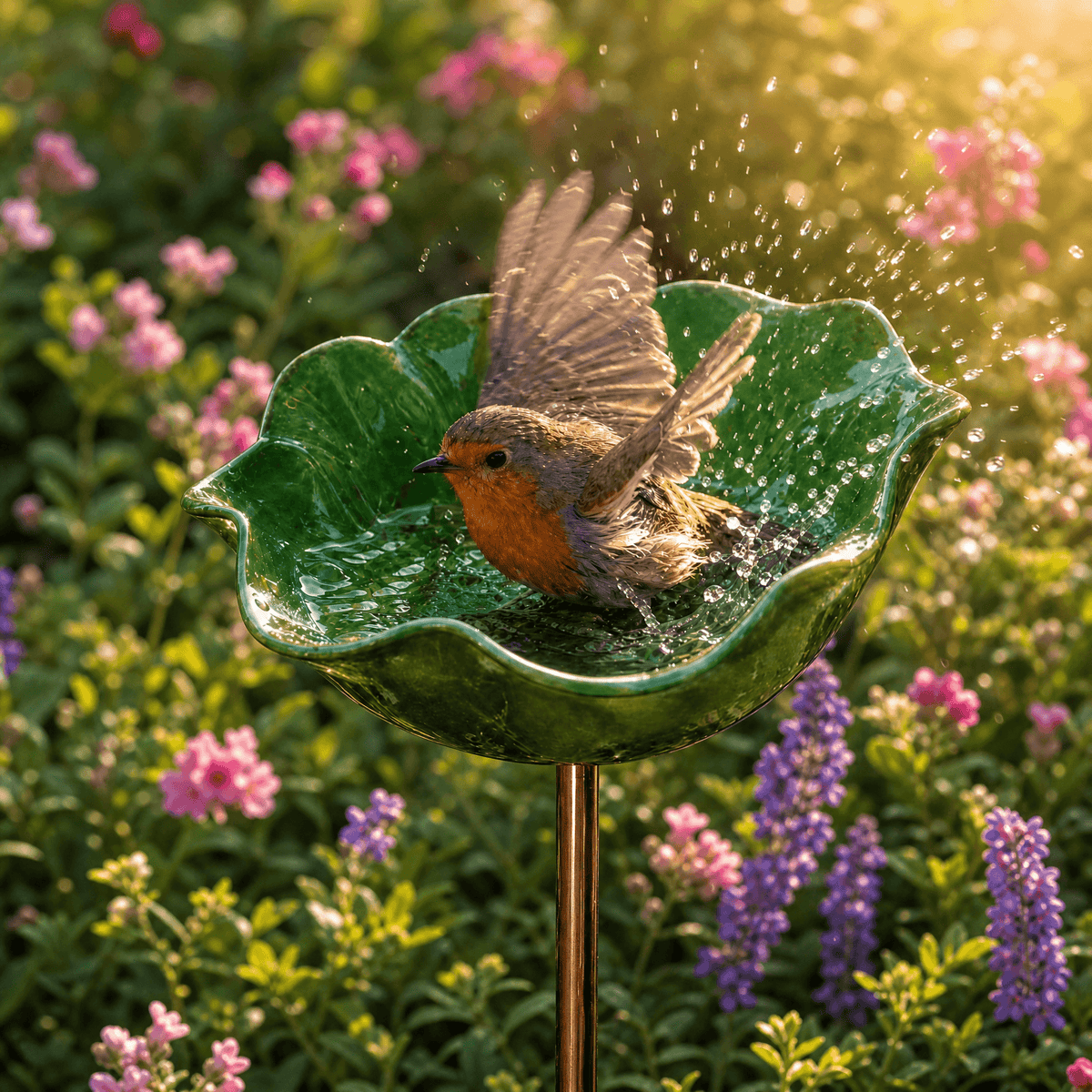 Metal Poppy Flower Bird Bath Garden Stake Hand-Formed Coated Pollinator Water Bowl for Flower Beds | Borders and Lawn