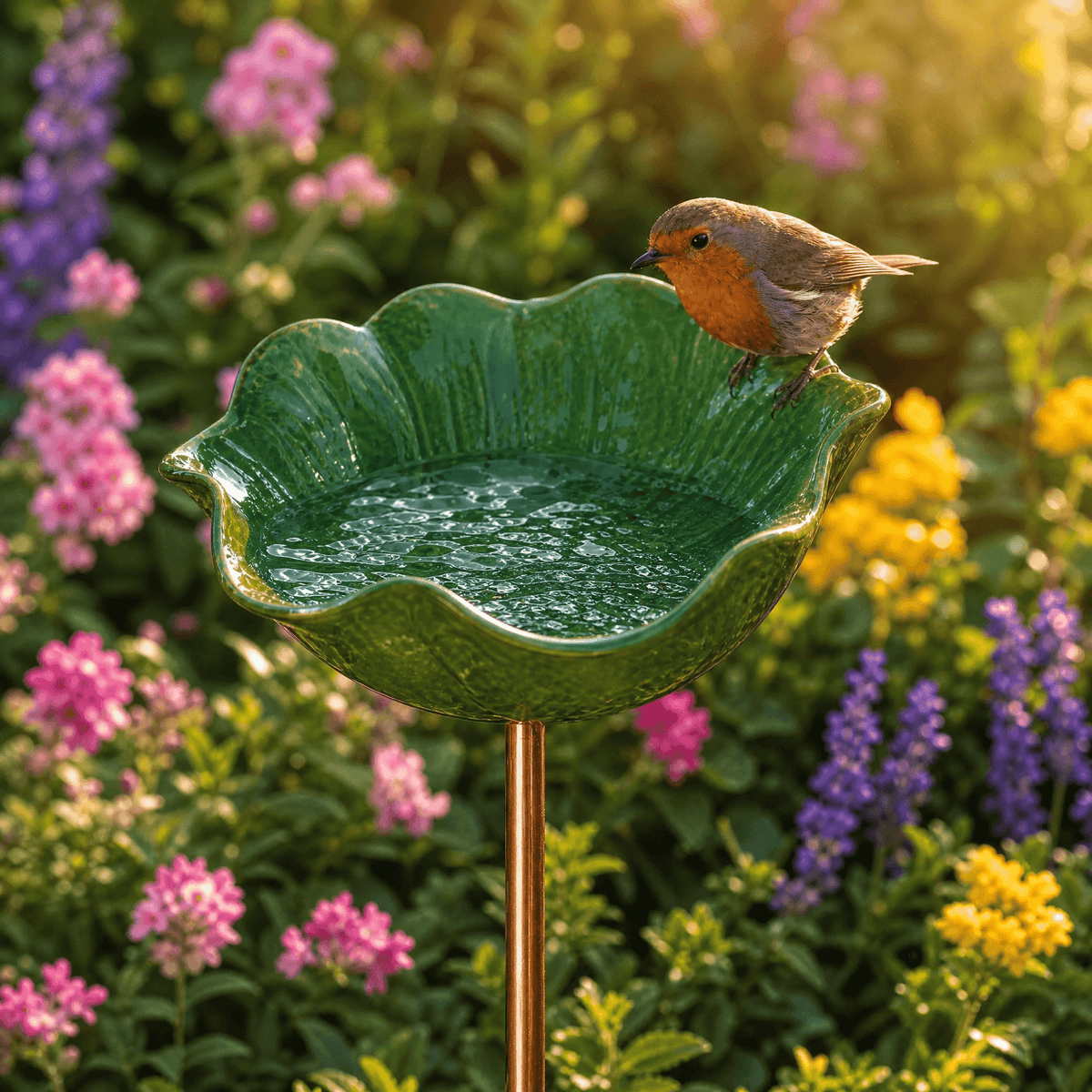 Poppy Flower Bird Bath Garden Stake Hand Formed Metal Weather Resistant Pollinator Water Dish for Flower Beds | Borders and Lawn