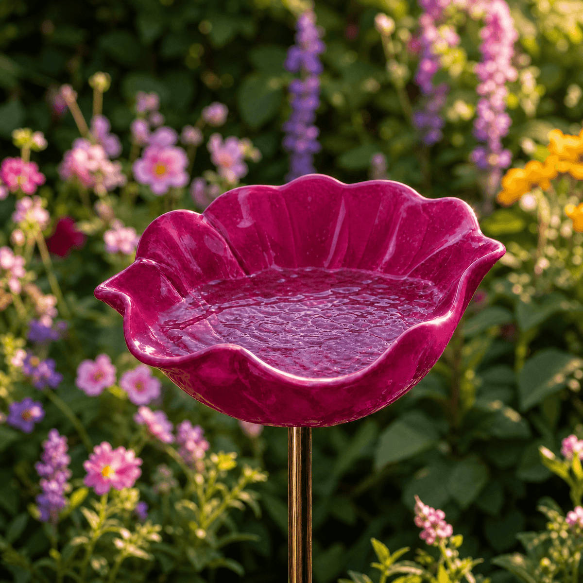 Metal Poppy Flower Bird Bath Garden Stake Hand-Formed Coated Pollinator Water Bowl for Flower Beds | Borders and Lawn