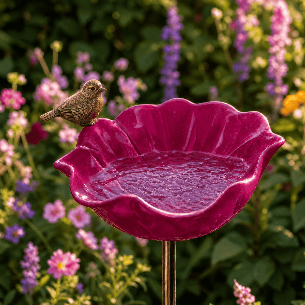 Poppy Flower Bird Bath Garden Stake Hand Formed Metal Weather Resistant Pollinator Water Dish for Flower Beds | Borders and Lawn