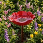 Metal Poppy Flower Bird Bath Garden Stake Hand-Formed Coated Pollinator Water Bowl for Flower Beds | Borders and Lawn