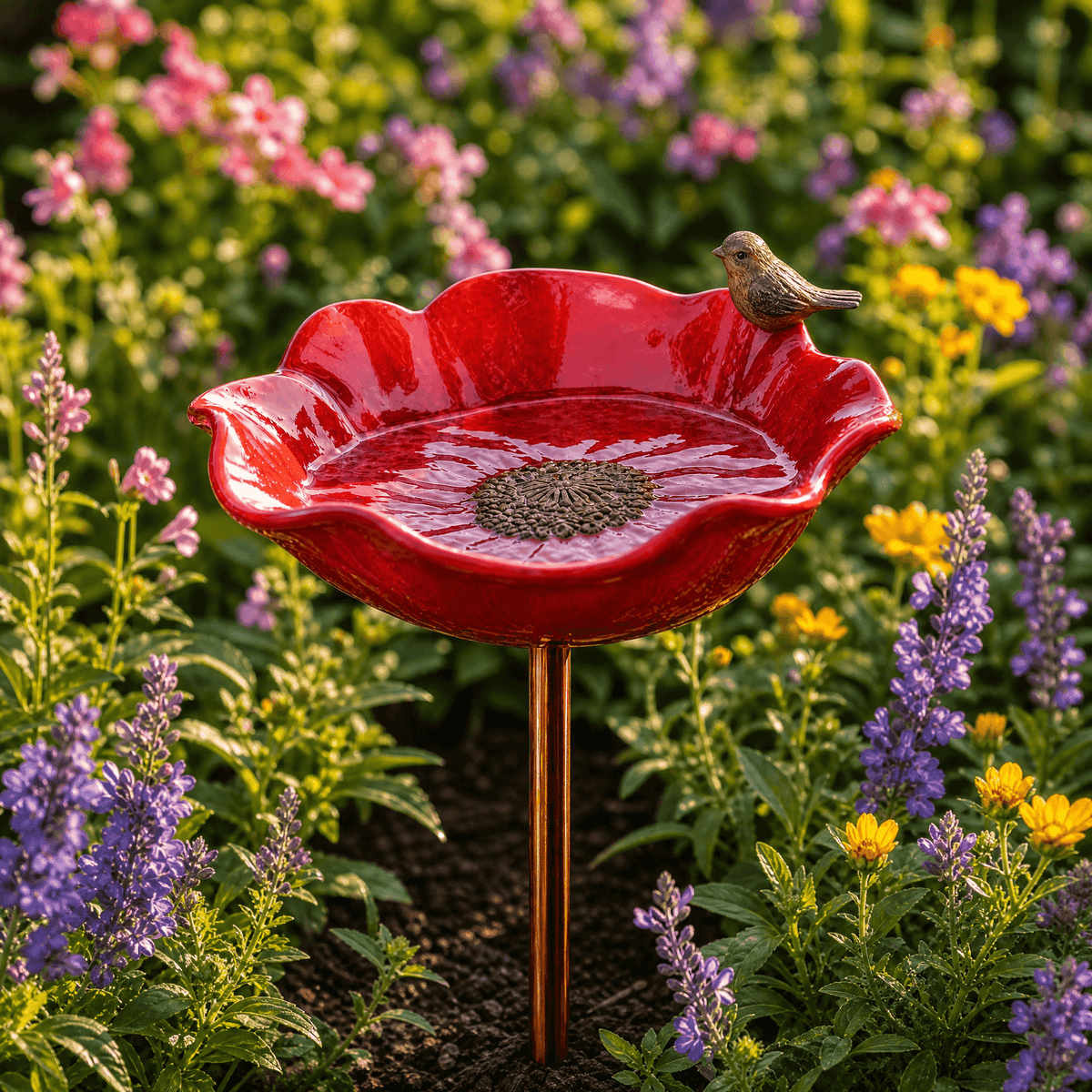 Poppy Flower Bird Bath Garden Stake Hand Formed Metal Weather Resistant Pollinator Water Dish for Flower Beds | Borders and Lawn