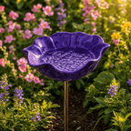 Metal Poppy Flower Bird Bath Garden Stake Hand-Formed Coated Pollinator Water Bowl for Flower Beds | Borders and Lawn