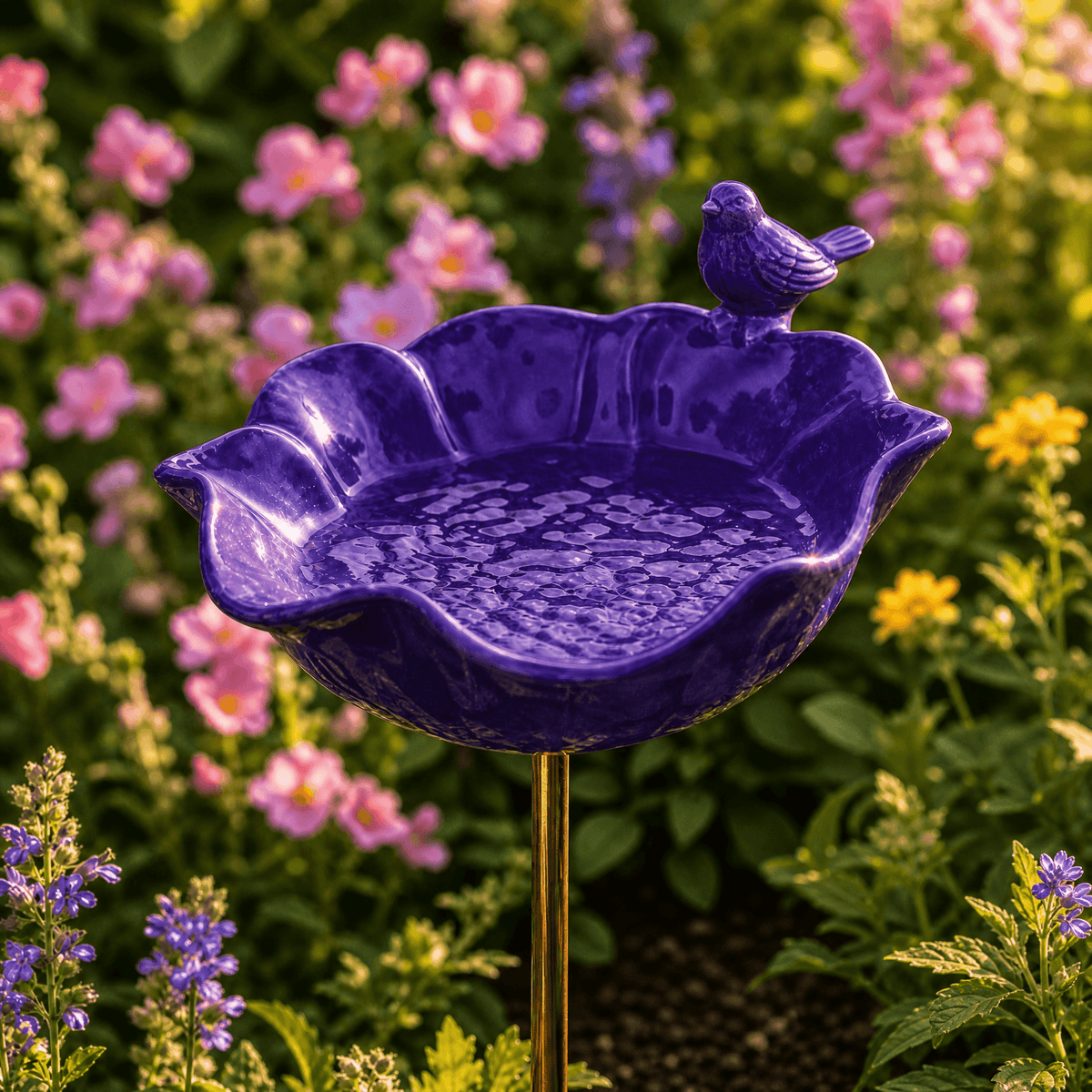 Poppy Flower Bird Bath Garden Stake Hand Formed Metal Weather Resistant Pollinator Water Dish for Flower Beds | Borders and Lawn