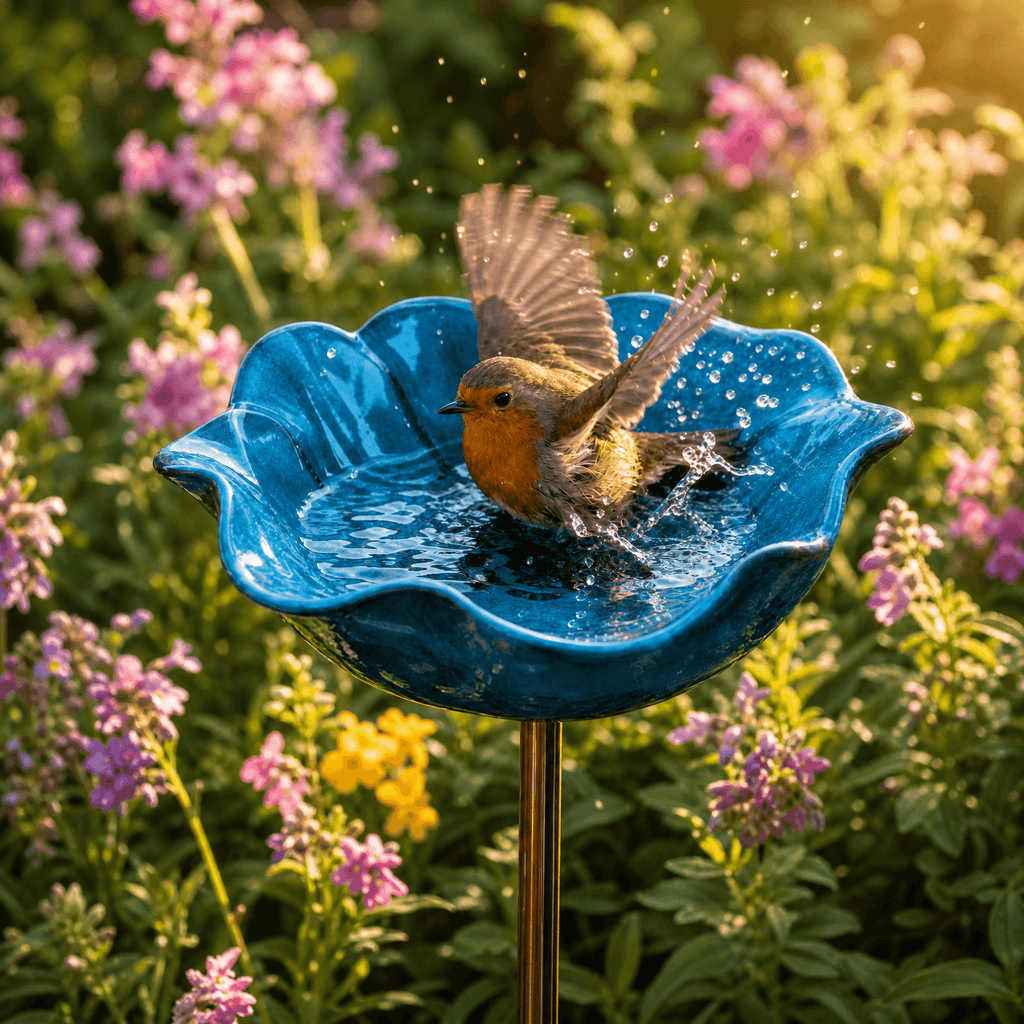 Metal Poppy Flower Bird Bath Garden Stake Hand-Formed Coated Pollinator Water Bowl for Flower Beds | Borders and Lawn