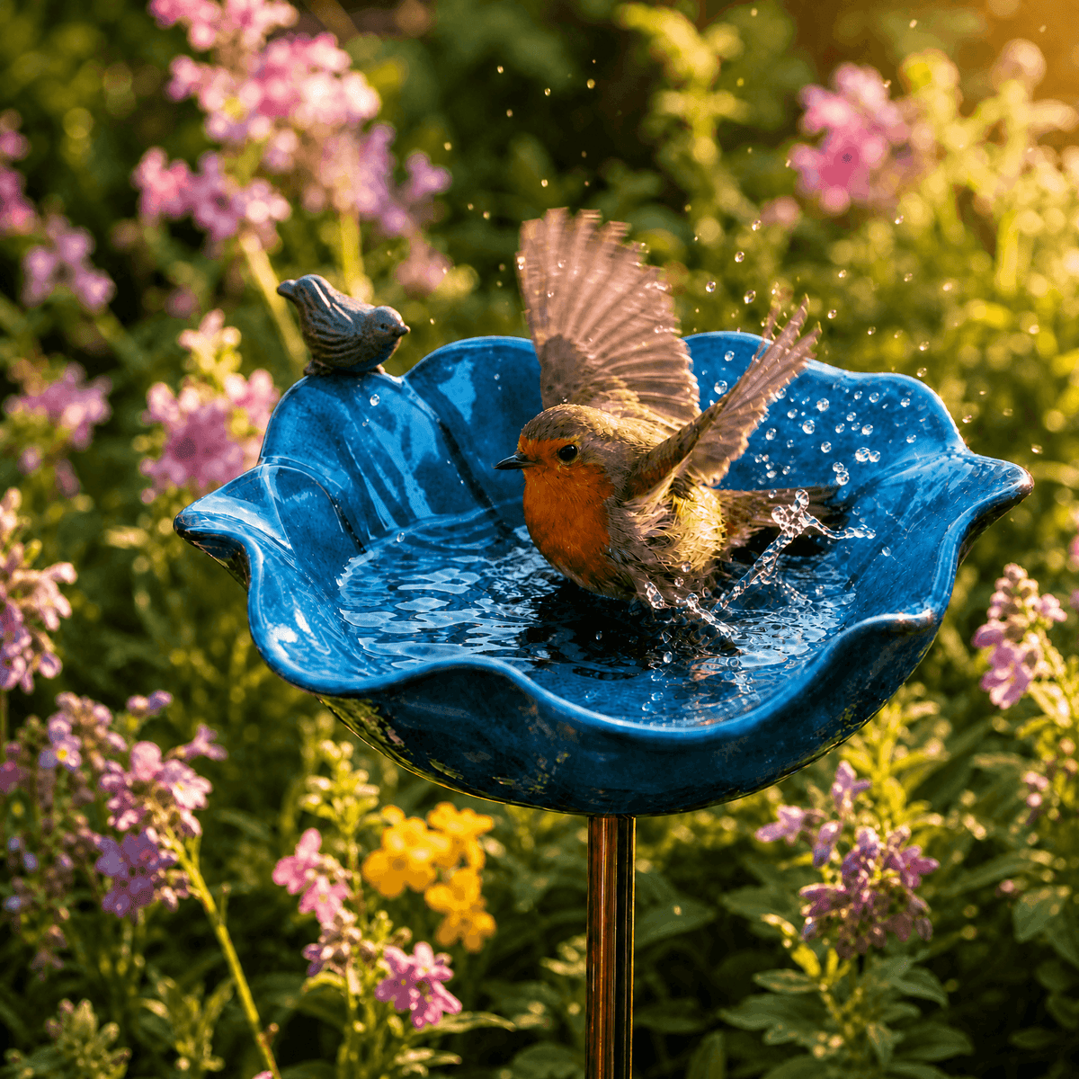 Metal Poppy Flower Bird Bath Garden Stake Hand-Formed Coated Pollinator Water Bowl for Flower Beds | Borders and Lawn