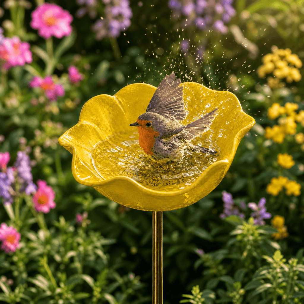Metal Poppy Flower Bird Bath Garden Stake Hand-Formed Coated Pollinator Water Bowl for Flower Beds | Borders and Lawn