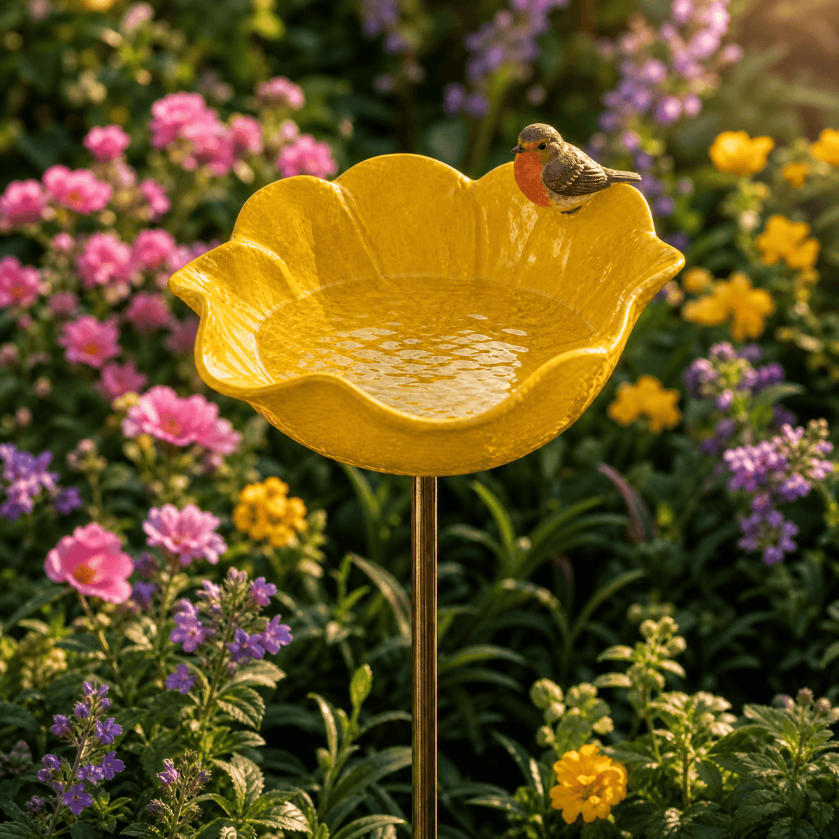 Poppy Flower Bird Bath Garden Stake Hand Formed Metal Weather Resistant Pollinator Water Dish for Flower Beds | Borders and Lawn